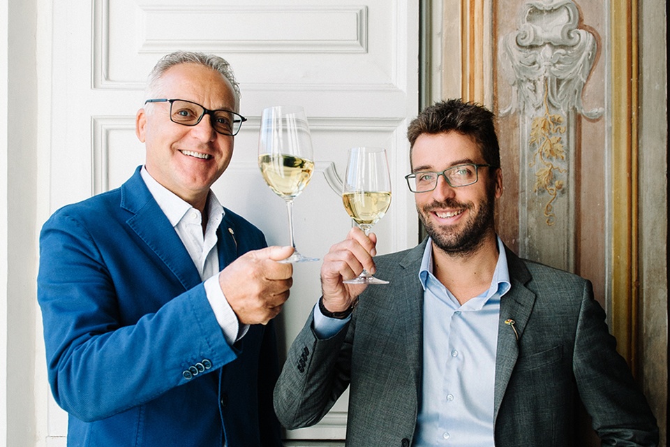 Silvio Jermann with his son and third-generation winemaker Michele Jermann toast with some Vintage Tunina.